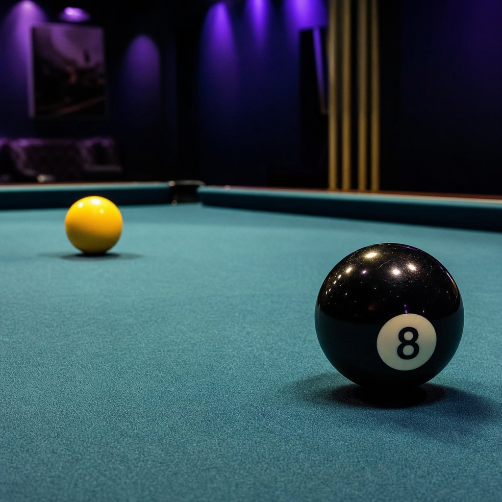 A black 8-ball and yellow pool ball on a real pool table